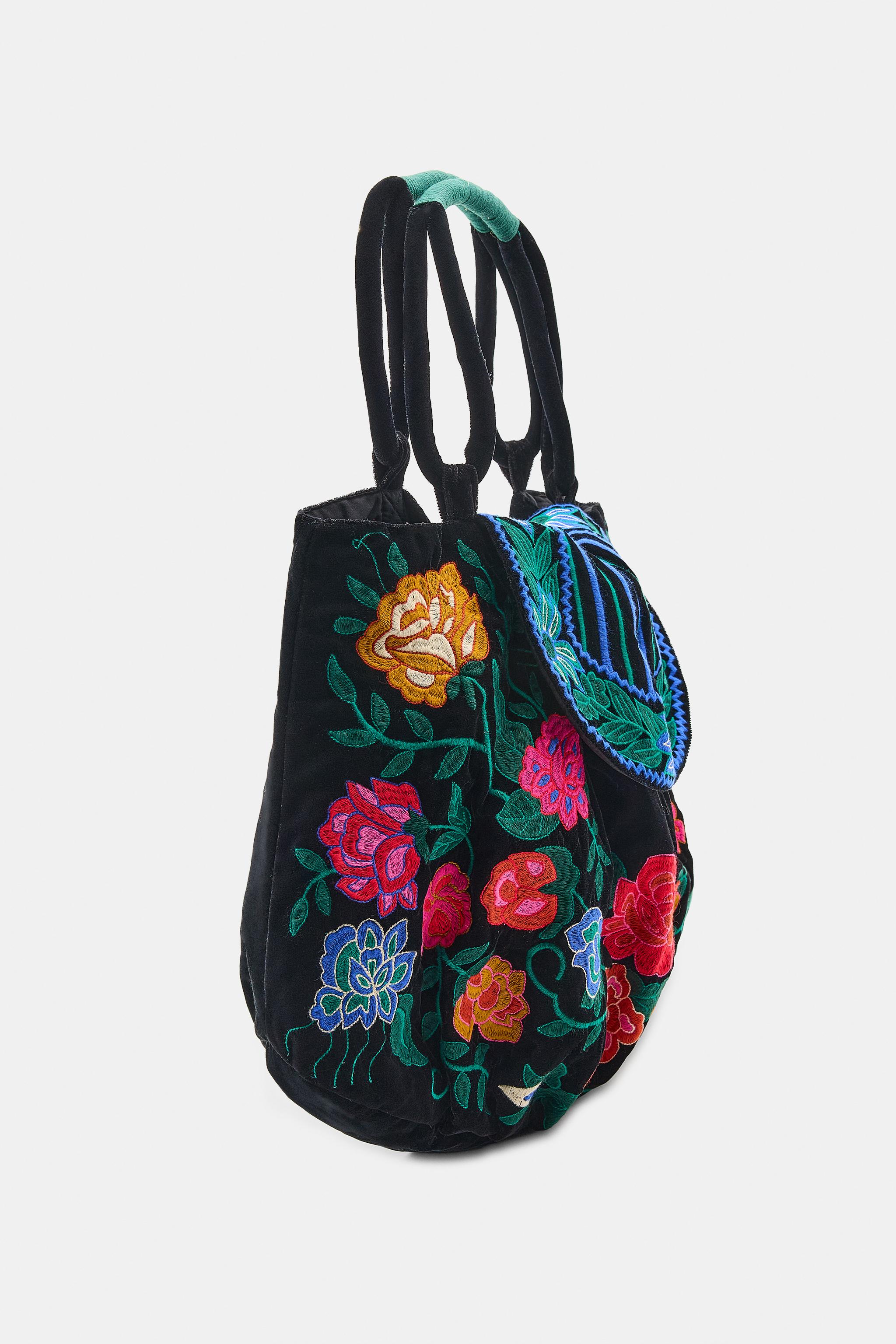 VELVET MAXI BAG WITH FLORAL EMBROIDERY